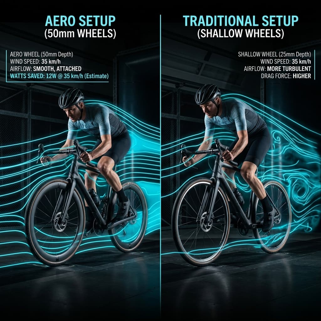 Side-by-side comparison of aero gravel cyclist with 50mm deep section wheels vs shallow wheels with CFD airflow visualization — CrankSmith aero analysis