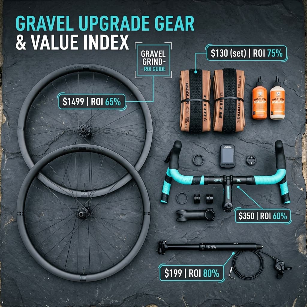 Flat lay of gravel bike upgrade components: tires, wheelset, cockpit, and dropper post with ROI value indicators — CrankSmith upgrade guide 2026