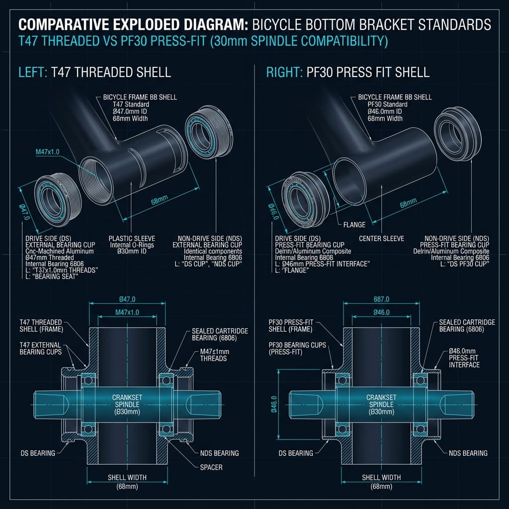 T47 threaded vs PF30 press-fit bottom bracket cross-section comparison diagram for gravel bikes — CrankSmith standards guide