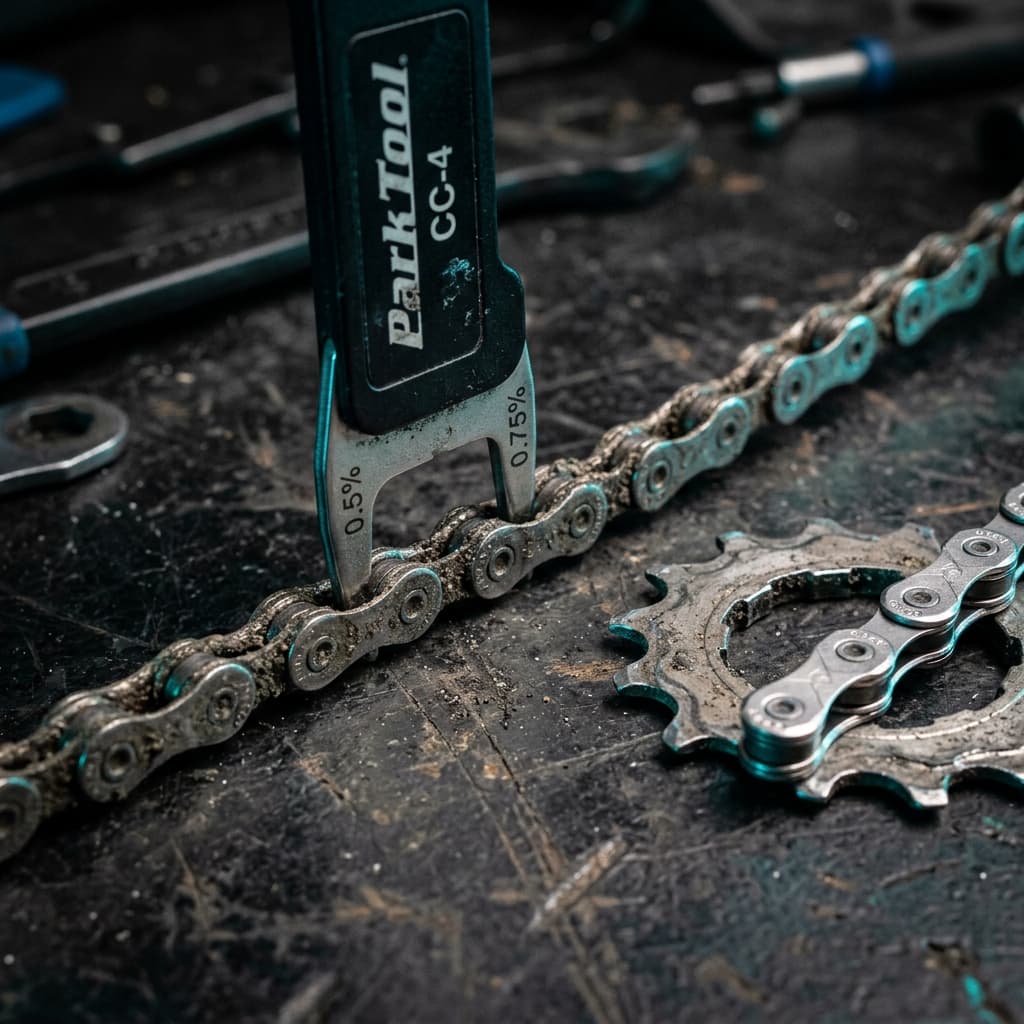 Worn gravel bike chain measured with Park Tool CC-4 chain checker showing 0.75% stretch alongside worn cassette cog — CrankSmith drivetrain maintenance guide