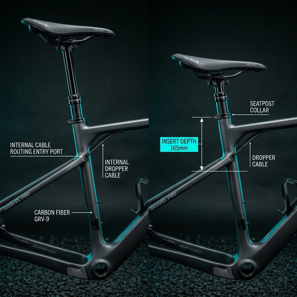 Gravel bike frame with dropper post extended and dropped showing internal cable routing entry port and insert depth callout — CrankSmith dropper guide 2026