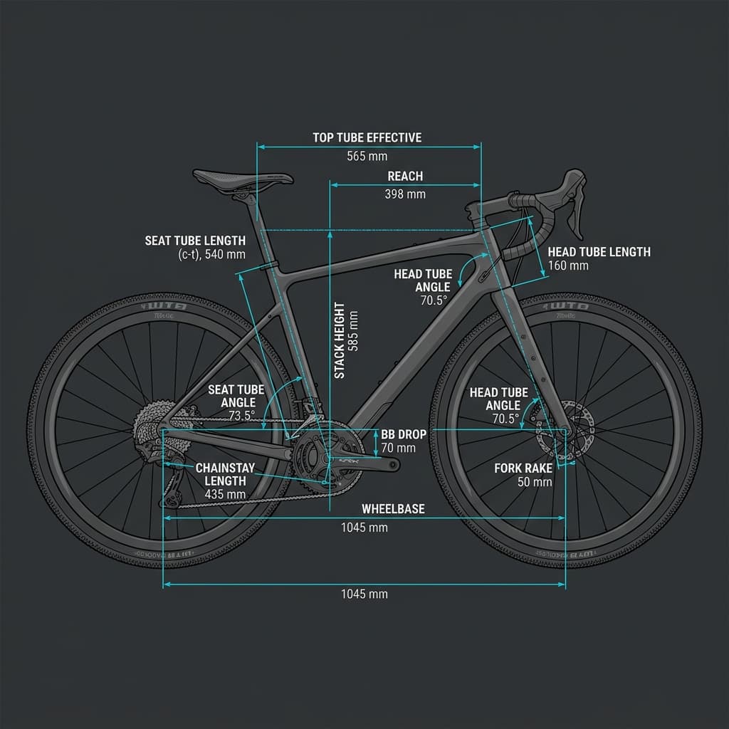 Gravel bike geometry diagram with labeled stack, reach, wheelbase, head tube angle, seat tube angle, and chainstay measurements — CrankSmith geometry guide 2026