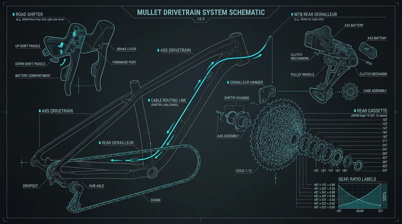 SRAM AXS mullet drivetrain exploded view showing road shifter to MTB derailleur cable routing — CrankSmith compatibility guide