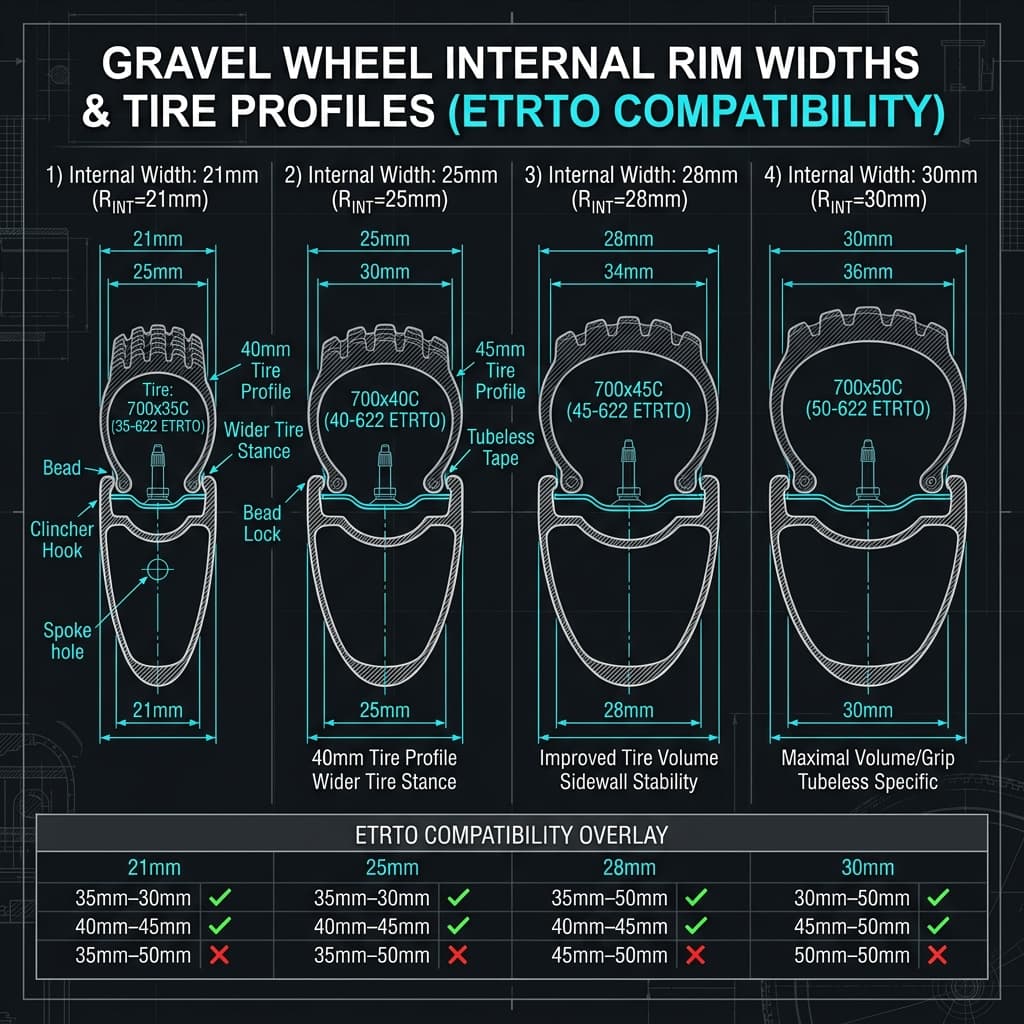 Gravel wheel cross-section comparison showing tire profile differences at different rim and tire widths — CrankSmith 700c vs 650b guide 2026
