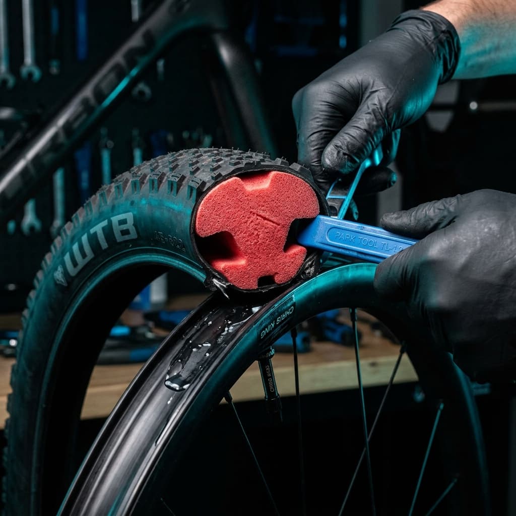 Gravel tire insert foam being installed into wide tubeless gravel tire showing foam profile and tire cavity cross-section — CrankSmith insert guide 2026