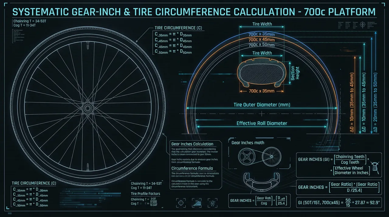 Gear ratio schematic showing 35mm, 45mm, and 50mm gravel tire cross-sections with cyan measurement lines calculating effective gear inches