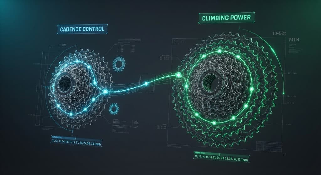 Visual comparison of 10-52t cassette range vs tight road gear steps