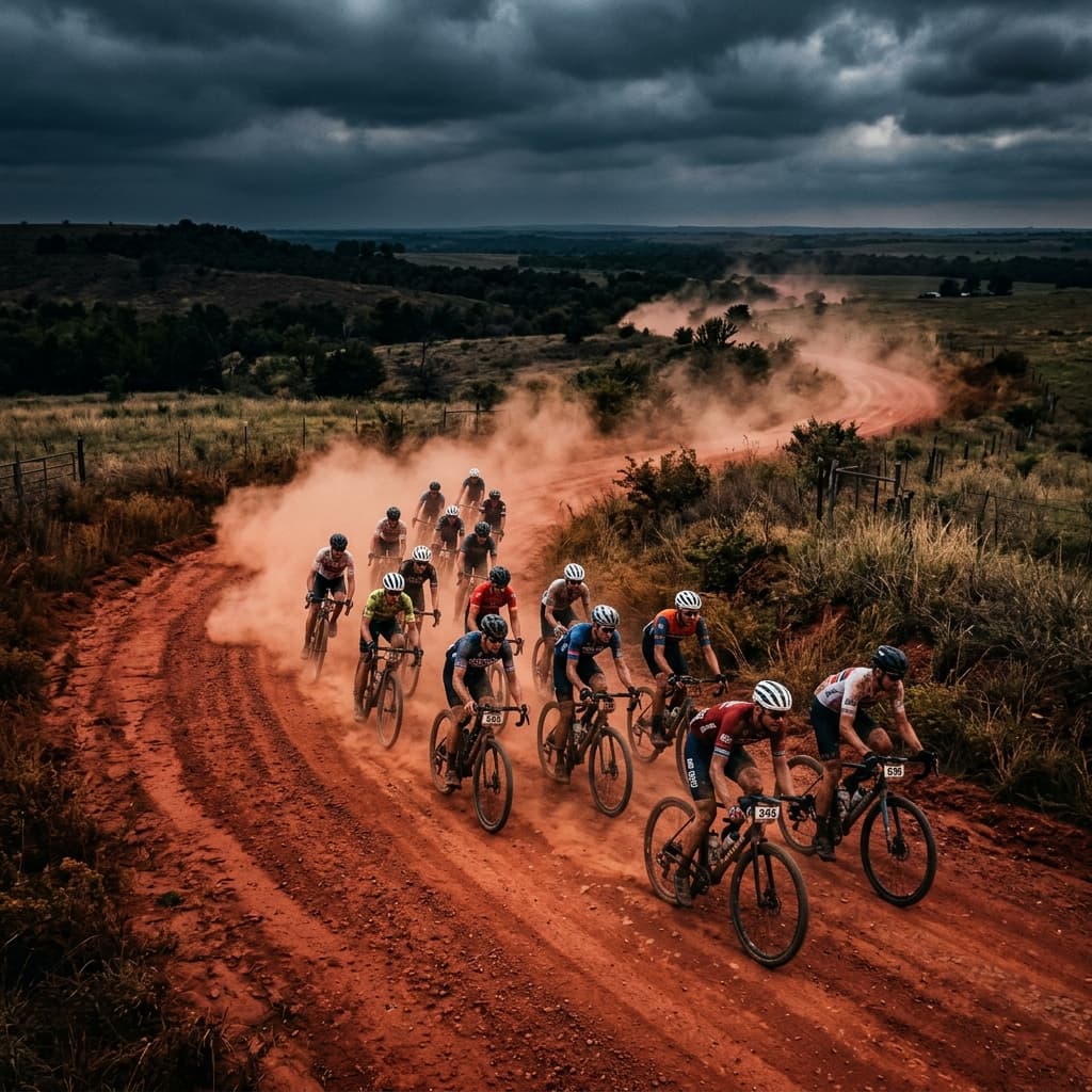 Gravel cyclists racing on red dirt roads of Stillwater Oklahoma at Mid South 2026 with dramatic dust clouds — CrankSmith race gearing analysis