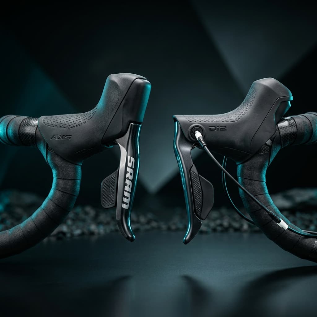 SRAM AXS wireless and Shimano Di2 wired gravel bike shifter hoods facing each other — CrankSmith e-shifting comparison 2026