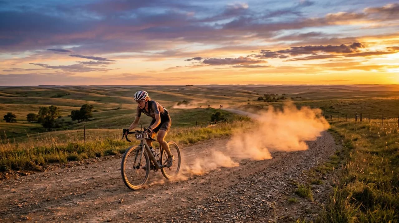 Cyclist racing through the Flint Hills gravel roads of Kansas during Unbound Gravel event, golden hour amber sky, dust trail, adventure cycling photography