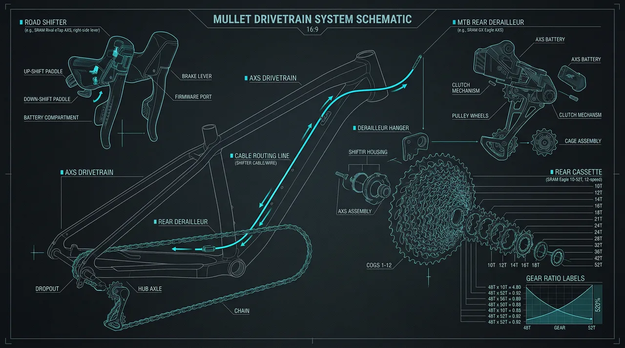 Mullet drivetrain compatibility matrix — all verified road shifter to MTB derailleur combinations for 2026 gravel builds — CrankSmith infographic