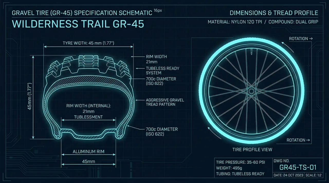 Gravel tire width comparison chart showing 40mm, 45mm, 50mm, and 2.25" tire cross-sections with PSI ranges — CrankSmith infographic